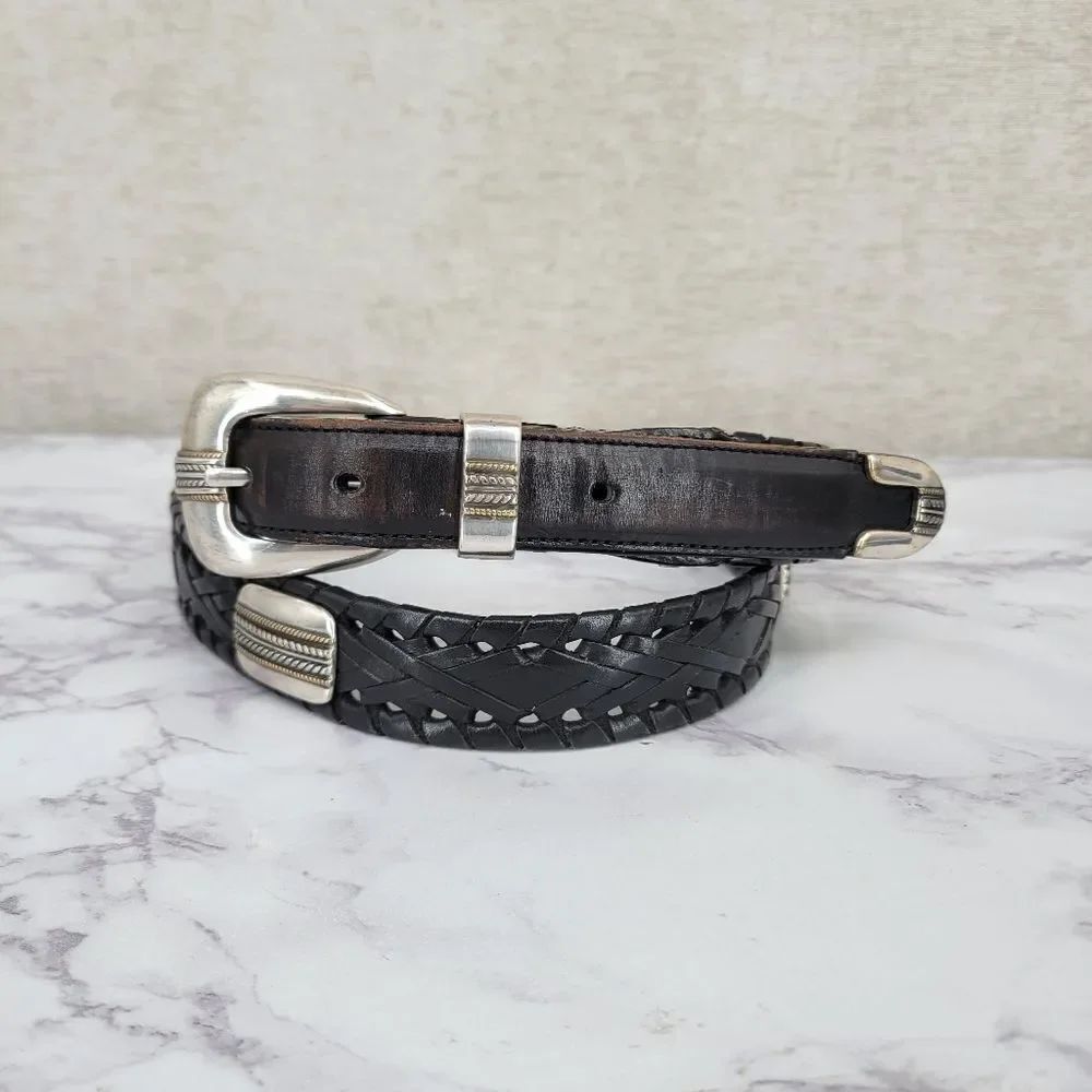 Roundtree & Yorke Black Woven Leather Belt with Silver & Gold Toned Conchos